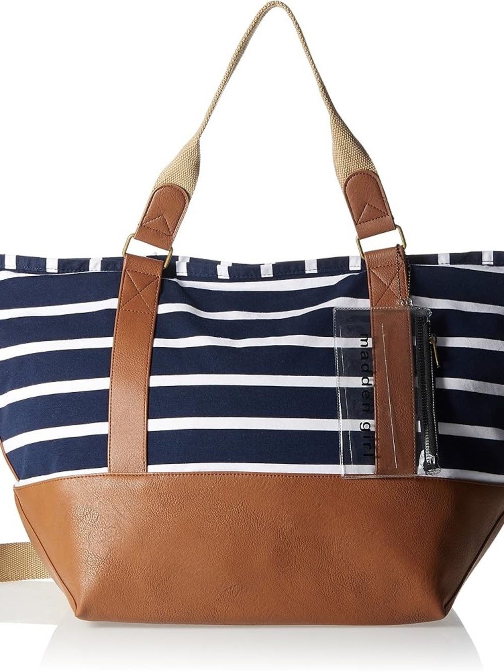 Madden Girl Navy and White Striped Tote with Brown Trim